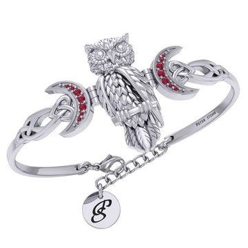 Great Horned Owl with Crescent Moon and Celtic Heart Silver Cuff Bracelet TBA290 - Jewelry